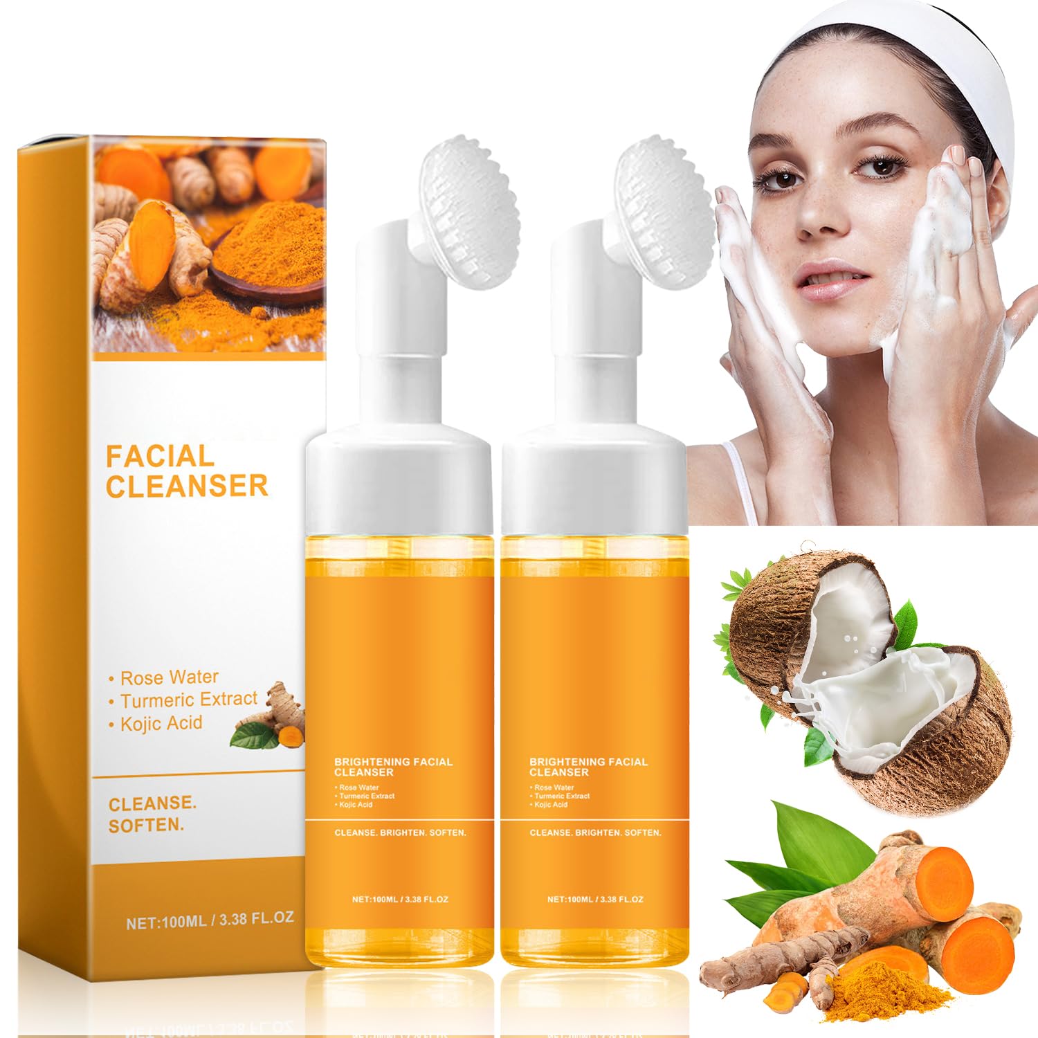 MAROJEIF Limpiador Facial de Cúrcuma, Espuma Limpiadora Facial de Cúrcuma, Jabón Facial de Cúrcuma, Gel de Limpieza Facial de Cúrcuma, Espuma Limpiadora de Cúrcuma para Todo Tipo de Piel Limpieza Profunda (2pcs)
